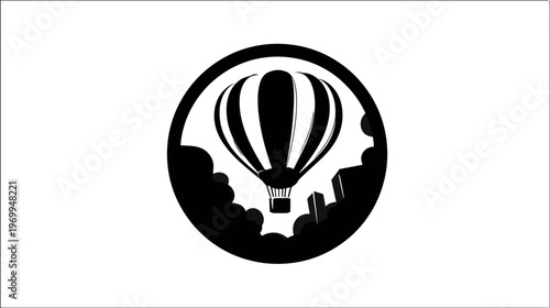 Black and white design depicting a hot air balloon, above a city skyline, in a circle