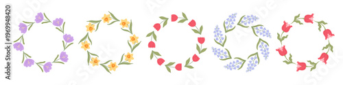 Spring floral wreaths, round frames and borders set with hand drawn tulips, daffodils, crocuses and bluebells flowers. Decorative botanical elements collection for card, poster, invitation, packaging