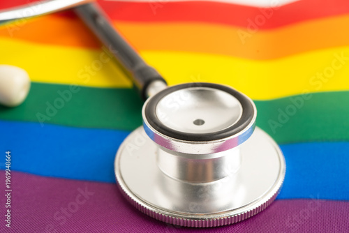 Принти на полотні Stethoscope on LGBT rainbow flag, rights and gender equality.