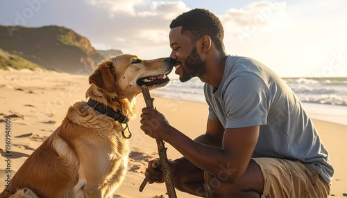 A man and dog play on a sunny beach (1)