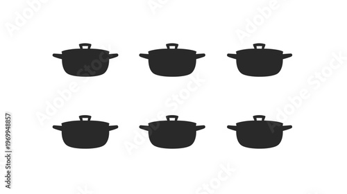 Six black silhouettes of cooking pots with lids and handles, arranged in two rows of three