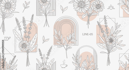 Elegant floral line art pattern featuring sunflowers and lavender bouquets