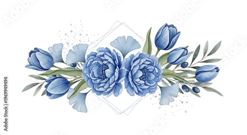 Elegant floral border illustration featuring blue flowers and watercolor elements