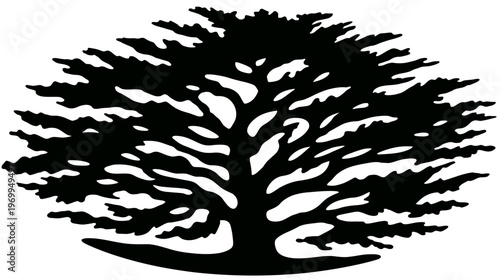 Silhouetted illustration of a tree, featuring dark leaves and trunk, set against a white background