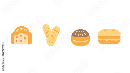 A collection of stylized bakery items, including bread, pastries and a hamburger