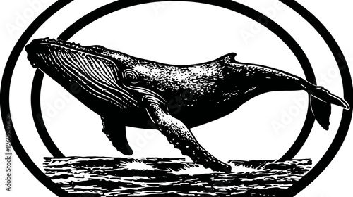 A striking grayscale illustration of a whale breaching from ocean waves within a circular frame