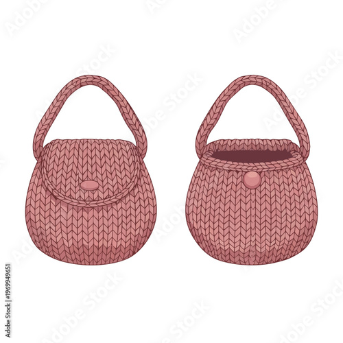 Hand-drawn illustration of pink knitted handbags with button closure