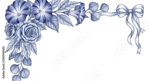 Elegant floral corner arrangement with blue roses morning glories and ribbon bow
