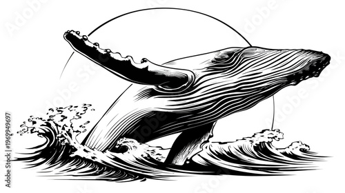 A black and white illustration of a breaching whale amidst waves, under a circular form