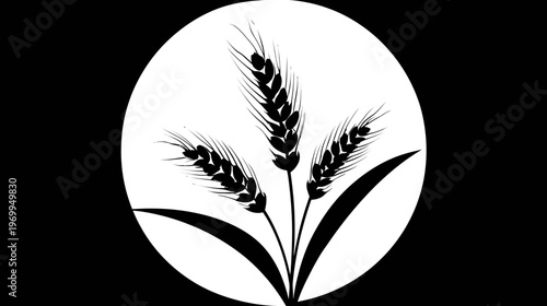 A stylized illustration features three wheat stalks within a white circle against a black background