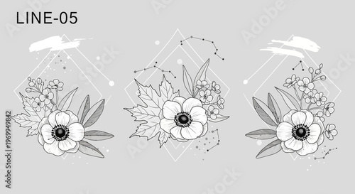 Elegant floral designs with geometric elements and artistic linework in grayscale