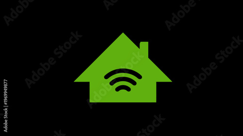 Green house icon with signal waves on a black background, representing smart home technology