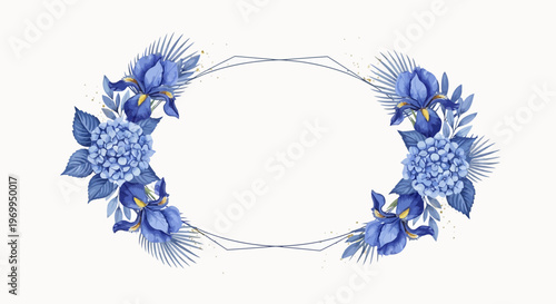 Elegant floral frame with watercolor blue flowers and leaves on a light background
