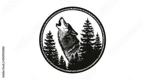 Black and white illustration of a howling wolf with pine trees within a decorative circle