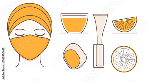 A stylized illustration featuring an orange-toned face covering and a bowl, with citrus fruit slices