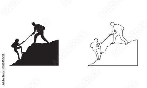 Hikers Helping Each Other Reach Mountain icon. Silhouette illustration of two hikers assisting each other on a mountain peak, symbolizing teamwork, support, trust, and achieving goals together.