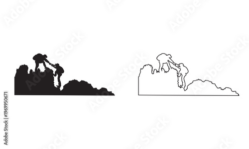 Hikers Helping Each Other Reach Mountain icon. Silhouette illustration of two hikers assisting each other on a mountain peak, symbolizing teamwork, support, trust, and achieving goals together.