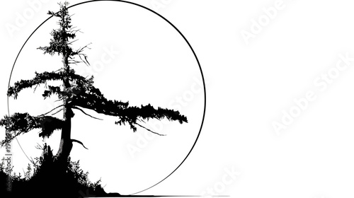 A black and white illustration of a tree enclosed by a circle on a white background