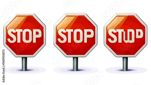 Three red octagonal signs with the word "STOP" on white posts. Each sign slightly different