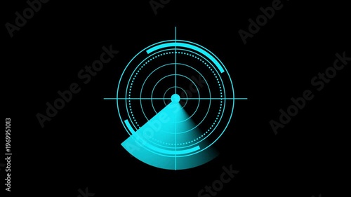 Futuristic cyan radar display shows scanning sweep. Radar icon represents data scanning and detection systems. Radar icon enhances visualizations.