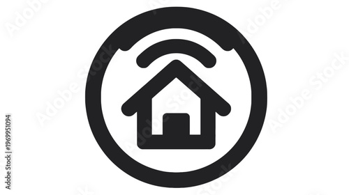 A black and white graphic depicting a house within a circle with the wifi symbol above it