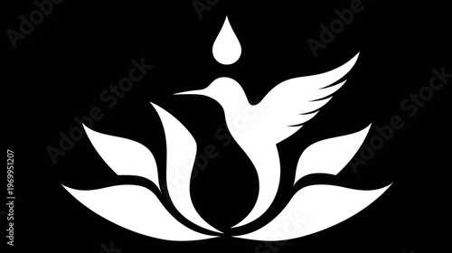 A white silhouette design features a bird within petals, drop above. Elegant, minimalist