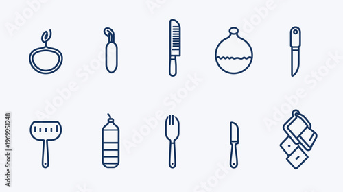 Collection of kitchen utensils and tools, represented as simple line icons, perfect for culinary projects