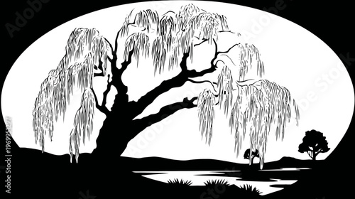 A stylized black and white illustration of a weeping willow tree framed within an oval