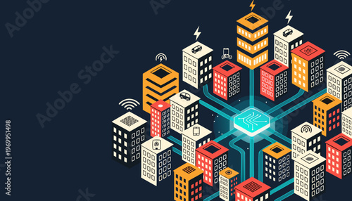 A vibrant cityscape illustration showcasing a futuristic smart city with connected buildings and infrastructure