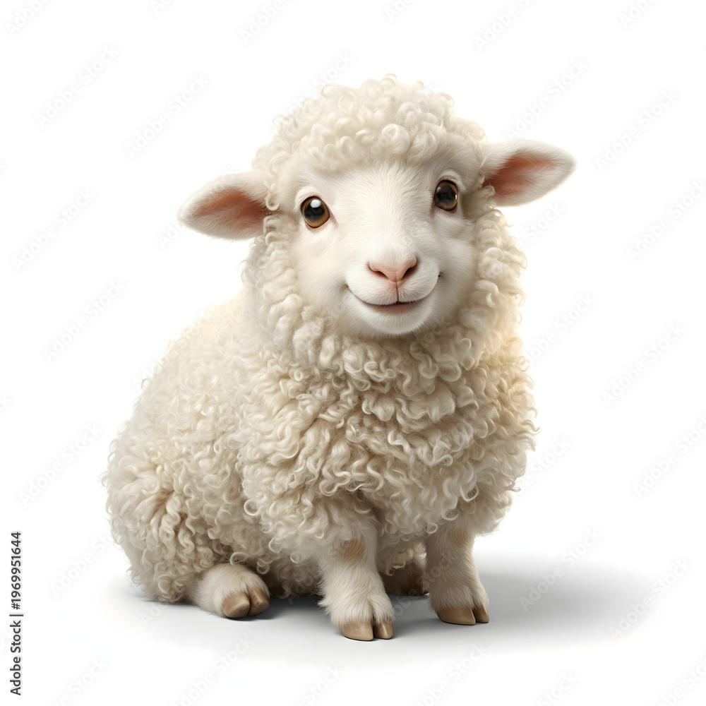 Fototapeta premium A fluffy, adorable baby lamb with a sweet smile sits peacefully on a white background, exuding innocence and charm