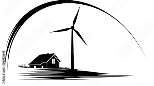 A black and white illustration of a home with a wind turbine under an arch