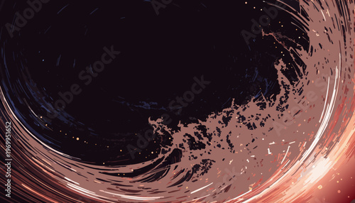 A vibrant vector graphic illustration of a swirling abstract design with a black background and orange accents.