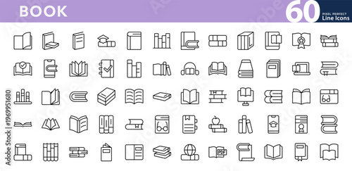 Book line icon set. Back to school, school subjects, supplies, science, education, read, table, reading, E-books, library, literature, bookshop icon design. Editable vector stroke