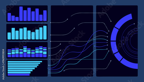 A vector graphic illustration of various blue data visualization charts and graphs on a dark background