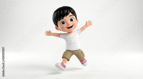 Happy cartoon boy jumping with arms out.
