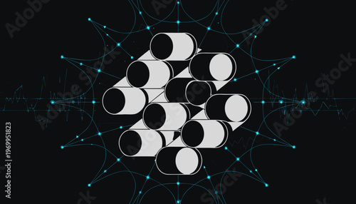 A vector graphic illustration of a network connection concept with cylindrical nodes and blue lines on a black background