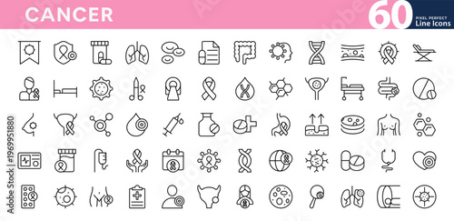 Cancer icons collection. Tumor, medicine, injection, seline, brain, stomach, treatment, ovarian, colon cancer, tumor cell line icon set. Editable vector stroke