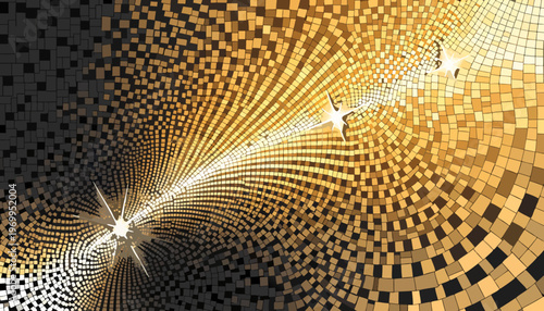 A vibrant and dynamic vector graphic of a golden disco ball with shining lights and a mesmerizing mosaic pattern