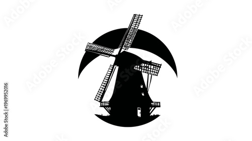 Silhouetted windmill with fan blades, under a crescent moon shape, isolated on a white backdrop