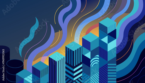 A vibrant cityscape vector illustration with modern skyscrapers and abstract wavy lines in shades of blue and orange.