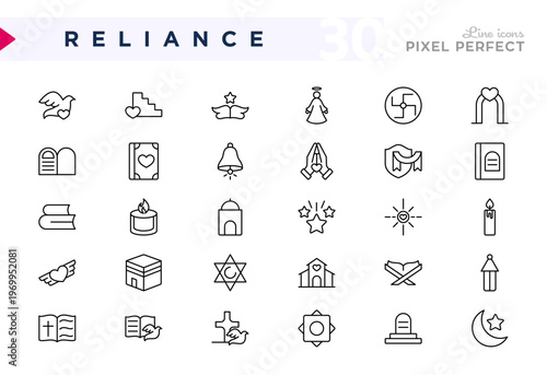 Reliance line icon set. Spiritual, faith, cross, bible, church, praying hands, dove, angel, representing, wings, churches, praying hands icons. Vector stroke icon
