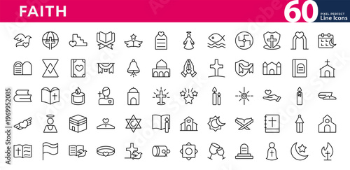 Faith line icon set. Spiritual, cross, bible, church, praying hands, angel, wings, churches, praying hands icons. Vector stroke icon