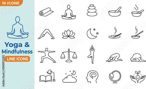 yoga and mindfulness outline vector icon set.