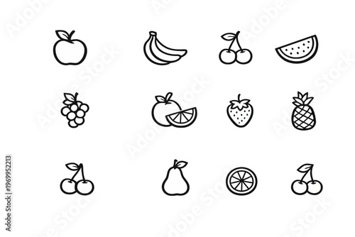 Fruit Icons Set – Minimal Line Vector Collection of Fresh Fruits Isolated on Transparent Background