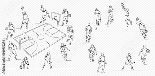 Basketball players in various poses and actions on a court, line art illustration.