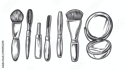 A hand-drawn illustration featuring various cosmetic tools and a compact mirror in a line-up