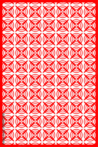 Red circular target pattern vector illustration featuring symmetrical geometric crosshair motifs on white background, seamless abstract grid design for textiles, posters, and modern brand identity.