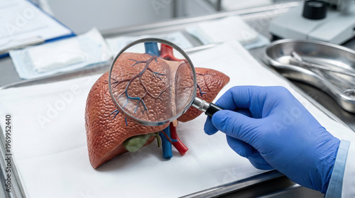 Dedicated focused doctor hand uses magnifying glass for careful examination of human liver anatomy model during serious medical research laboratory investigation