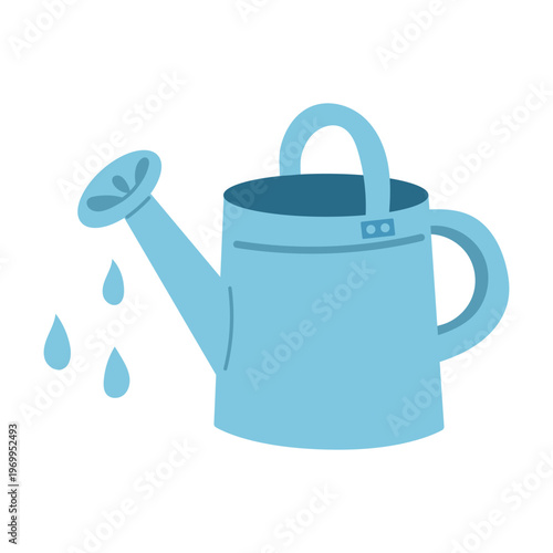Blue watering can with water drops for garden work