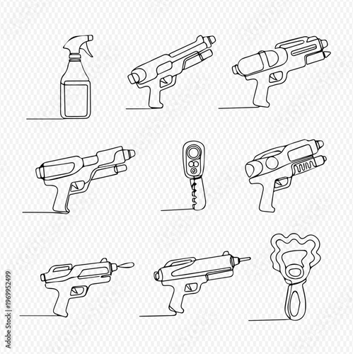 Continuous Line Drawing of Various Objects Including Spray Bottles and Toy Guns on a Transparent Background.